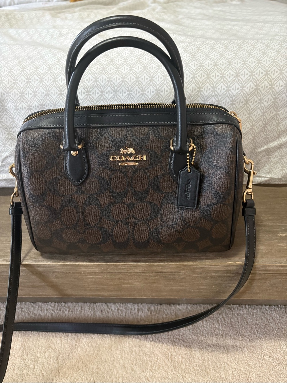 Coach Brown Signature Canvas Satchel with Black Trim - Large size